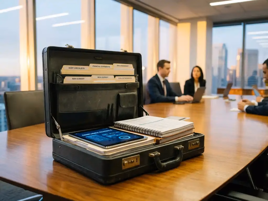 Offene Lederaktentasche mit Prüfungsunterlagen und Tablet auf Konferenztisch im modernen Boardroom