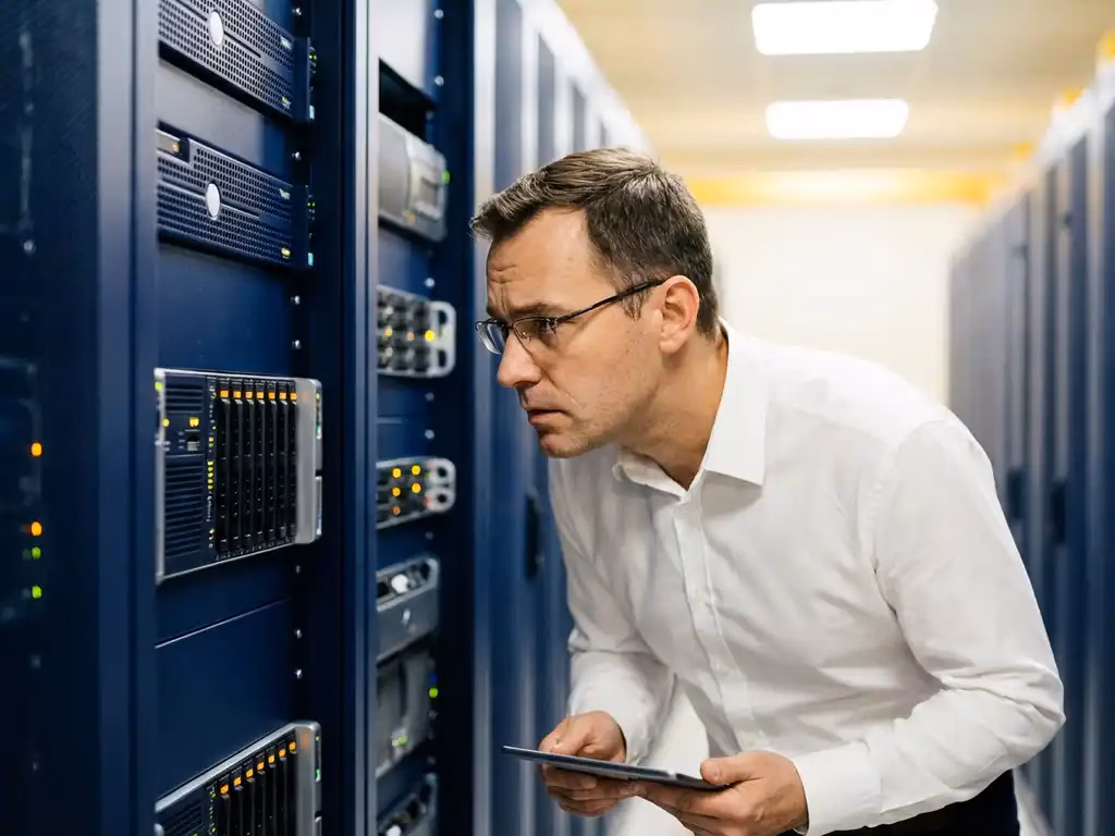 Netzwerkadministrator überprüft Backup-Server-Rack im Rechenzentrum mit leuchtenden LED-Statusanzeigen
