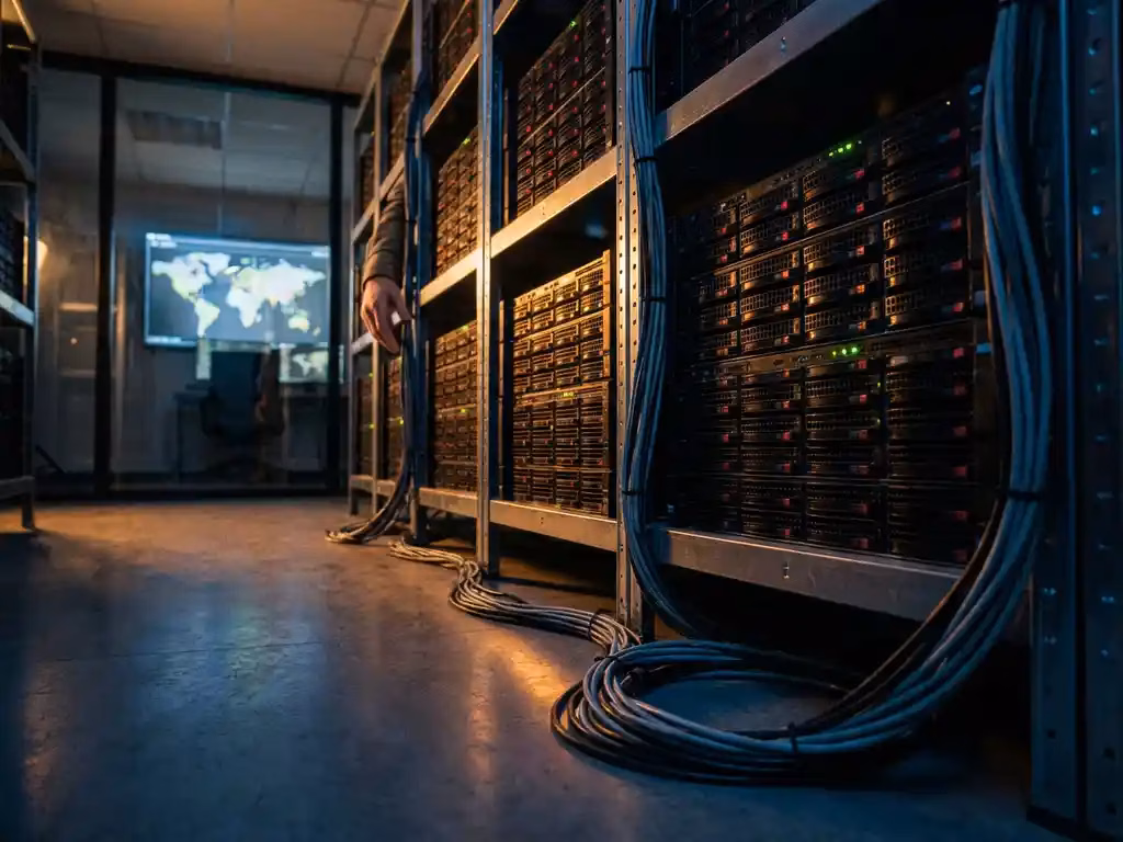 Sicherer Serverraum mit gestapelten Backup-Laufwerken auf Metallregalen, rote und grüne LED-Statuslichter, Ethernet-Kabel am Boden