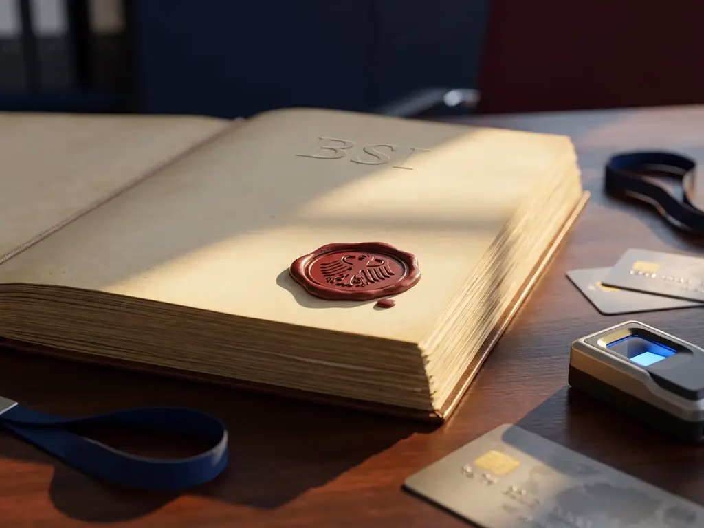 BSI-Dokument mit rotem Wachssiegel und Bundesadler auf dunklem Holztisch, umgeben von modernen Sicherheitsgeräten
