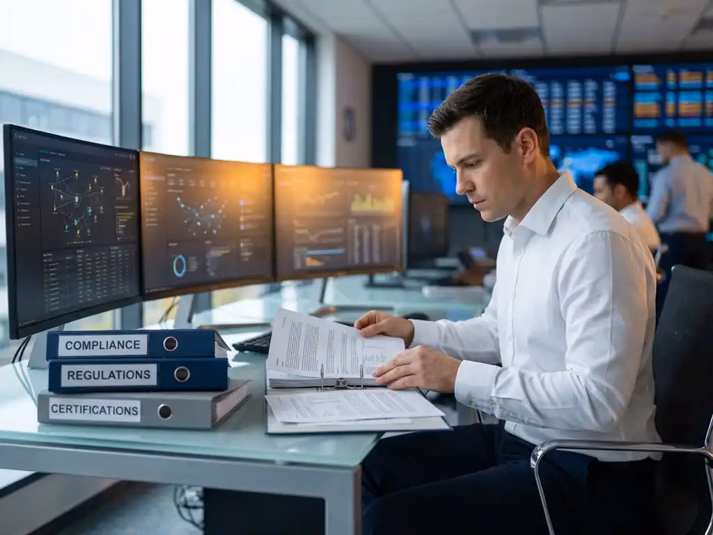 Sicherheitsanalyst in weißem Hemd prüft Compliance-Dokumente an Glasschreibtisch mit SOC-Monitoren im Hintergrund