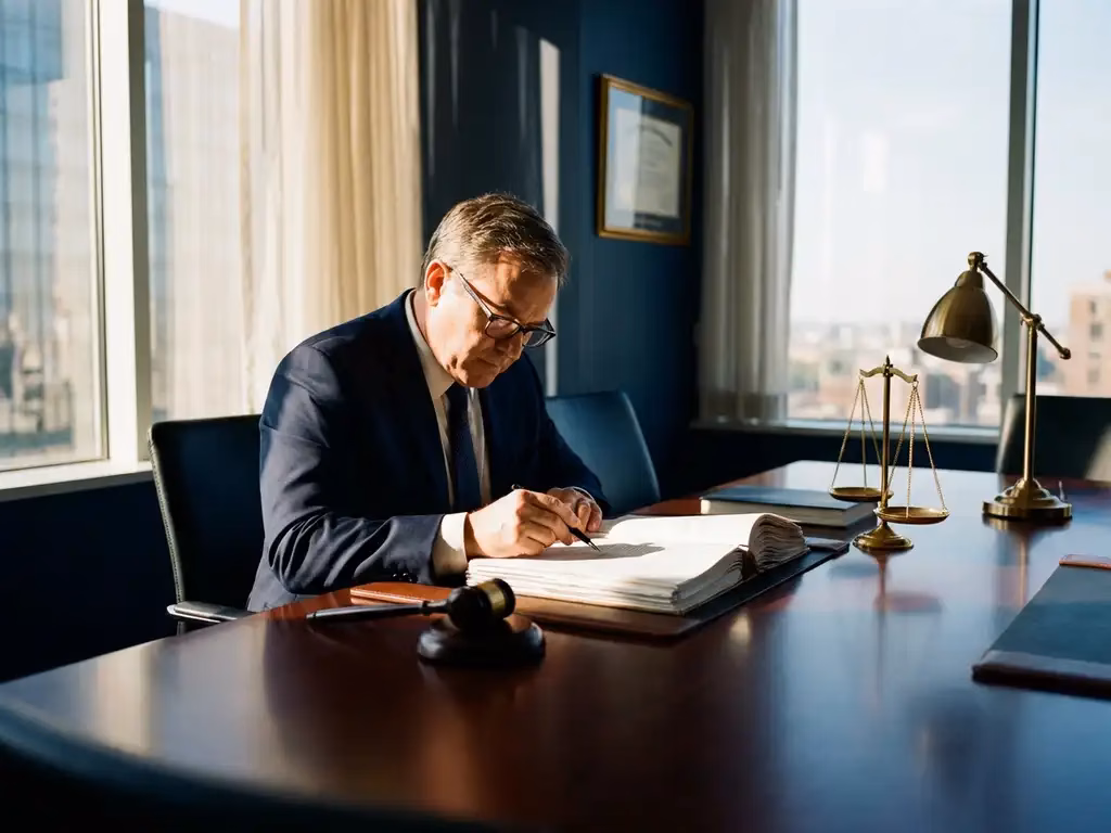 Anwalt in dunklem Anzug prüft Compliance-Dokumente am Mahagoni-Konferenztisch mit Waage der Gerechtigkeit und Richterhammer