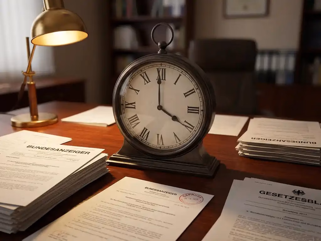Große analoge Uhr mit römischen Ziffern auf Schreibtisch umgeben von deutschen Regulierungsdokumenten und rotem Compliance-Stempel