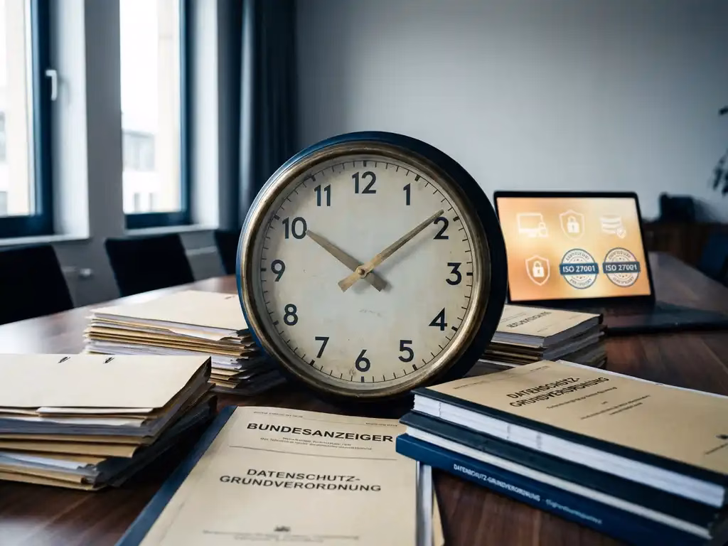 Große Wanduhr mit Messingzeigern auf dunklem Holztisch, umgeben von deutschen Compliance-Dokumenten und Laptop mit Sicherheitszertifikaten