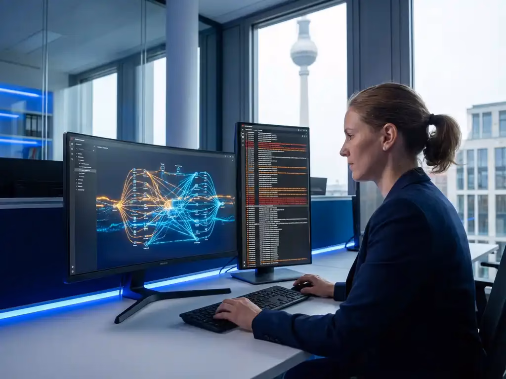 Cybersecurity-Analyst an Dual-Monitor-Arbeitsplatz mit Netzwerk-Topologie und Sicherheitswarnungen, Berliner Skyline im Hintergrund