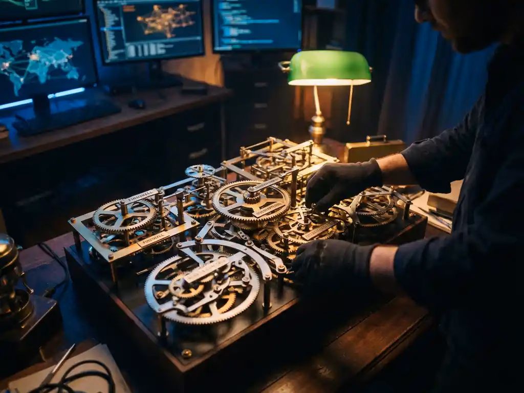 Cybersecurity-Analyst justiert mechanische Zahnrad-Systeme auf dunklem Holzschreibtisch, die Sicherheitsprozesse repräsentieren