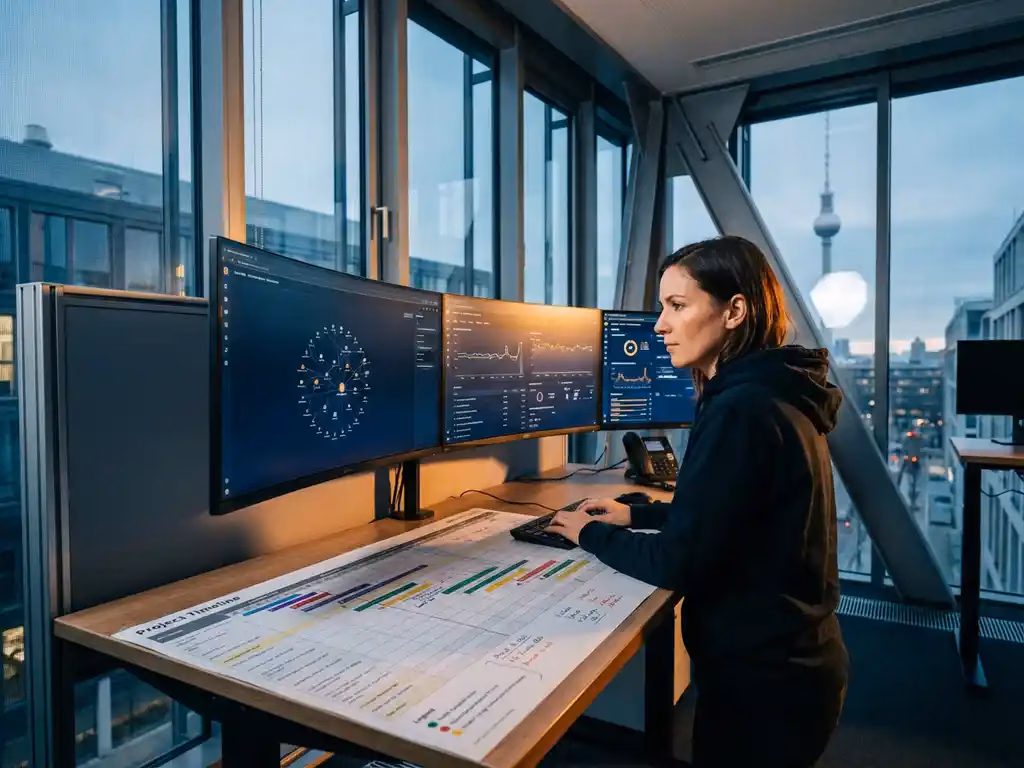 Cybersecurity-Analyst arbeitet an mehreren gekrümmten Monitoren mit Netzwerkdiagrammen und Sicherheits-Dashboards in modernem Berliner Büro