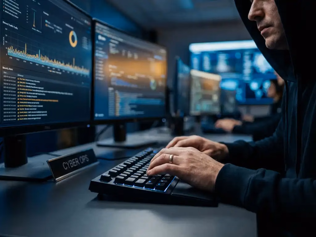 Cybersecurity-Analyst tippt auf schwarzer Tastatur vor mehreren Monitoren mit Netzwerkverkehr und Sicherheitswarnungen