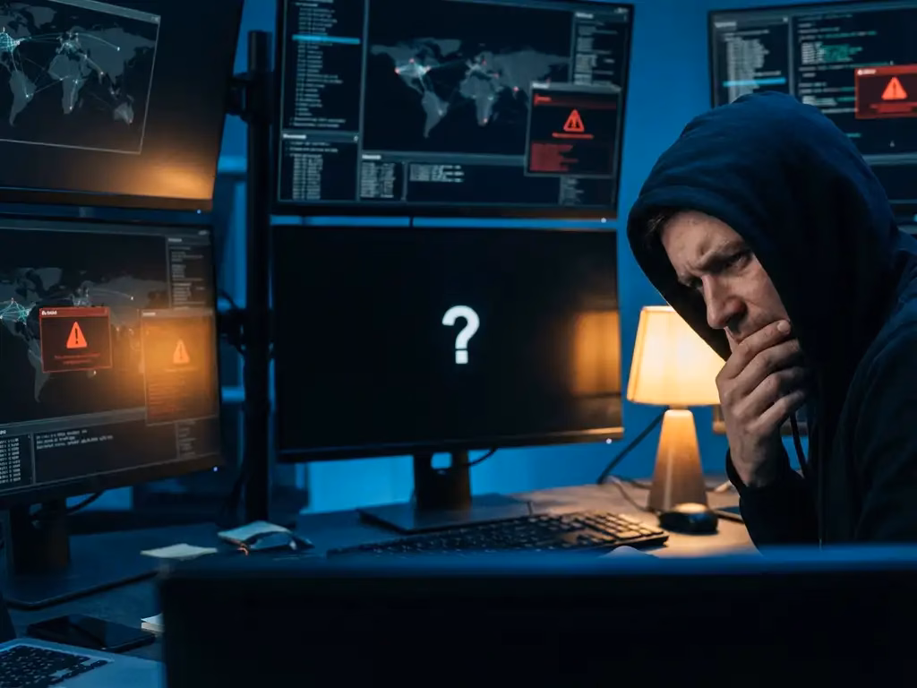 Cybersecurity-Analyst an Arbeitsplatz mit mehreren Monitoren, die Netzwerkdiagramme und Sicherheitswarnungen zeigen, ein Bildschirm mit Fragezeichen