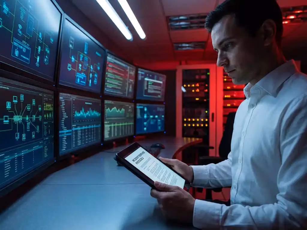 Cybersecurity-Analyst in weißem Hemd prüft Incident-Response-Protokolle auf Tablet in Sicherheitsleitstelle mit Netzwerk-Monitoren
