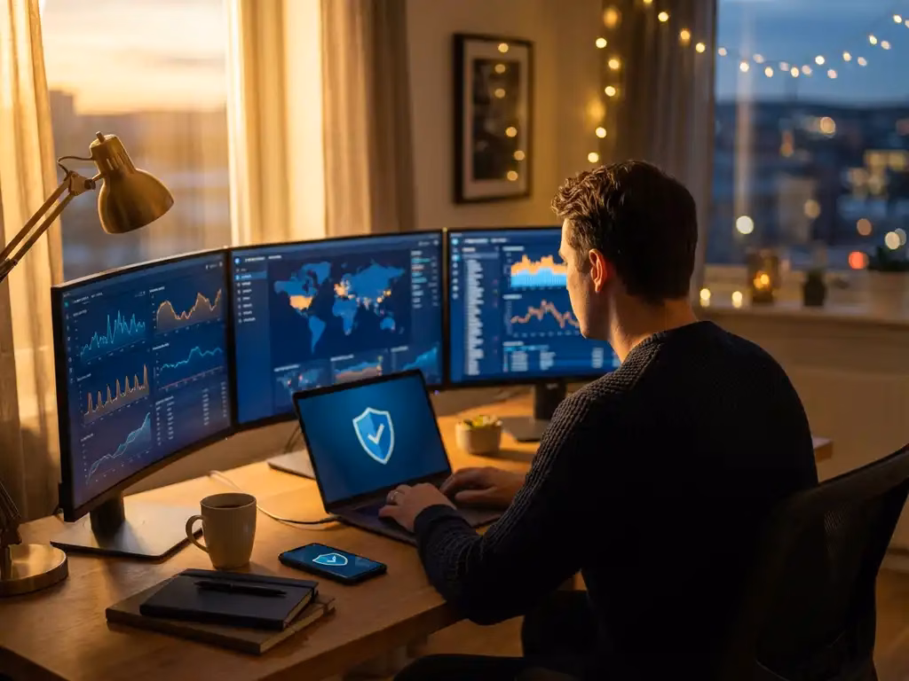 Cybersecurity-Analyst überwacht leuchtende Netzwerk-Sicherheits-Dashboards auf mehreren Bildschirmen in modernem Heimbüro