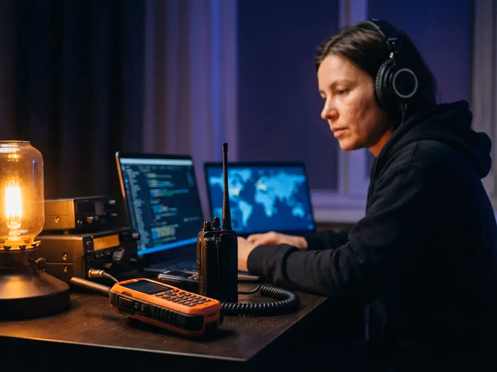 Cybersecurity-Analyst mit Kopfhörern arbeitet an Notfall-Kommunikationsgeräten mit Satellitentelefon und Funkgerät auf dunklem Holzschreibtisch