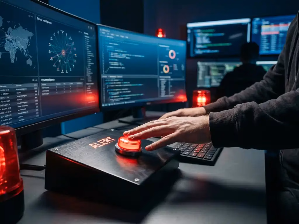 Cybersicherheitsanalyst mit Händen über rotem Alarmknopf auf Kontrollpanel, Monitore mit Netzwerkdiagrammen im Hintergrund
