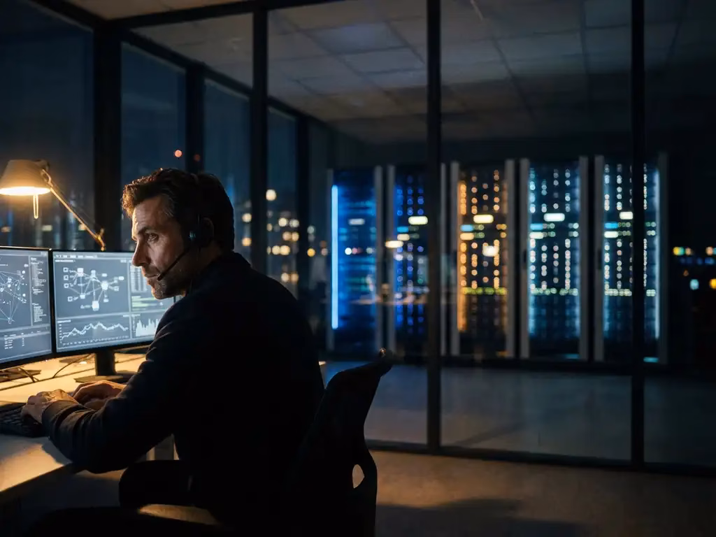 Cybersecurity-Analyst überwacht leuchtende Server-Racks durch bodentiefe Fenster eines modernen Security Operations Centers