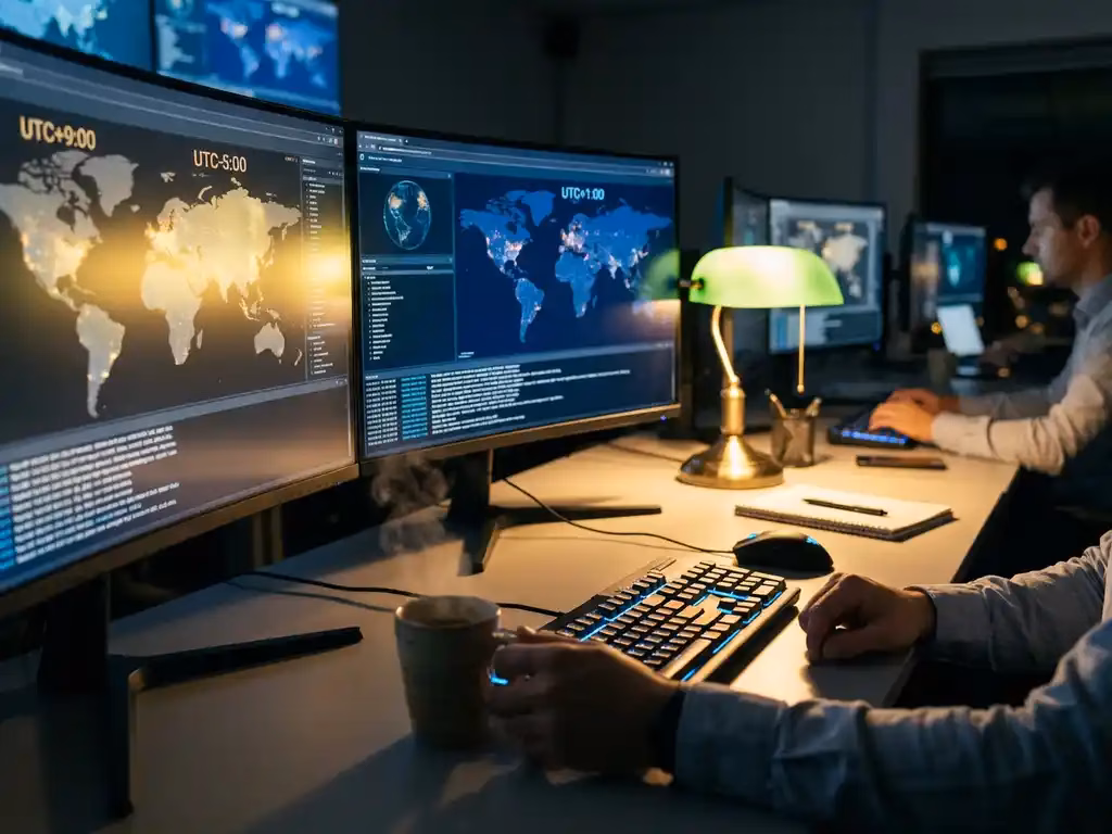 Cybersecurity-Analyst greift nach Kaffeetasse in einem SOC-Arbeitsplatz mit mehreren Monitoren, die globale Sicherheits-Dashboards anzeigen