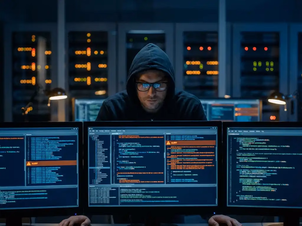 Cybersecurity-Analyst arbeitet an mehreren leuchtenden Monitoren in dunklem SOC-Kontrollraum mit blinkenden Serverracks