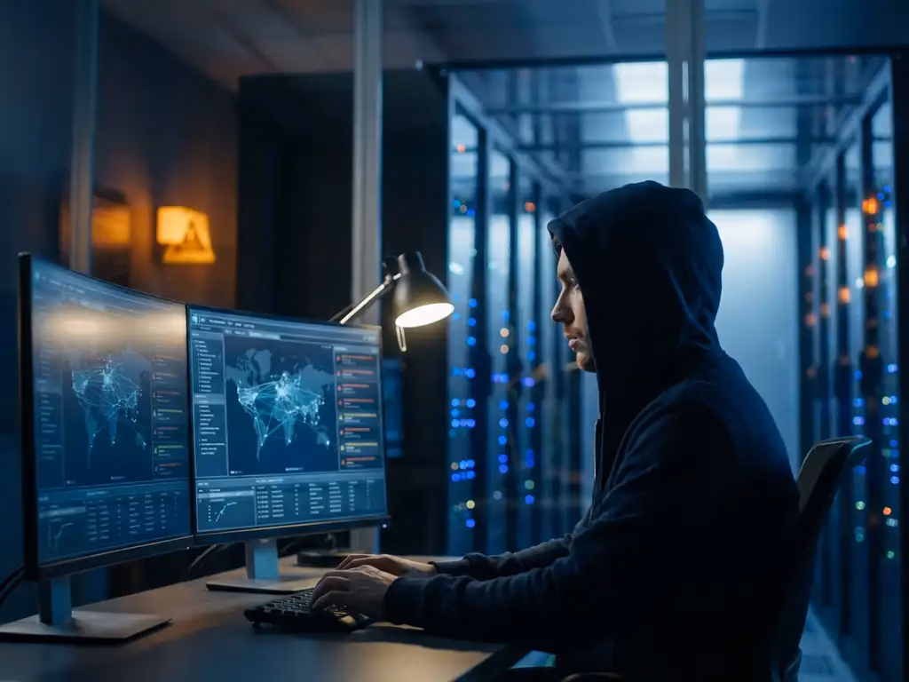 Cybersicherheitsanalyst überwacht Netzwerkinfrastruktur auf mehreren Bildschirmen in dunklem SOC-Raum mit Serverracks