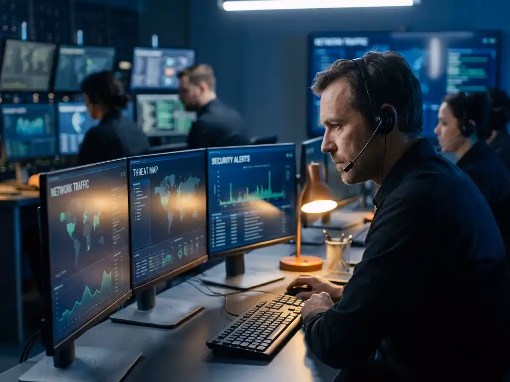 Cybersecurity-Analyst mit Headset überwacht leuchtende Netzwerk-Sicherheits-Dashboards in modernem SOC-Kontrollzentrum