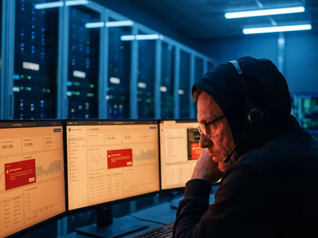 Cybersecurity-Analyst überwacht leuchtende Bildschirme im dunklen Sicherheitszentrum mit roten Warnmeldungen und Serverracks