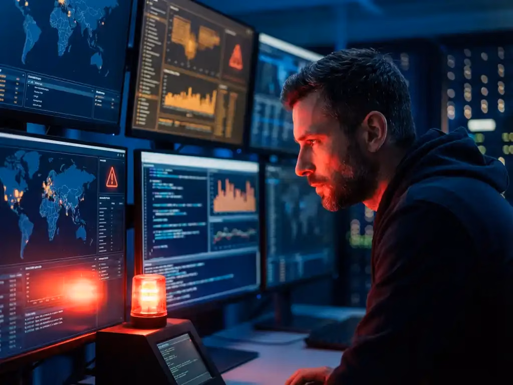 Cybersecurity-Analyst überwacht Netzwerk-Traffic auf leuchtenden Monitoren in dunklem Security Operations Center