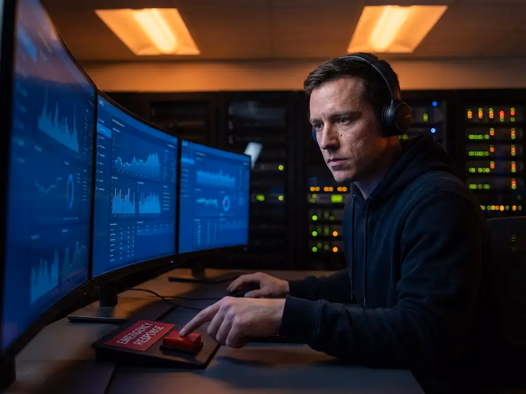 Cybersicherheitsanalyst mit Kopfhörern vor leuchtenden Monitoren im dunklen SOC-Kontrollzentrum, Hand über rotem Notfallknopf