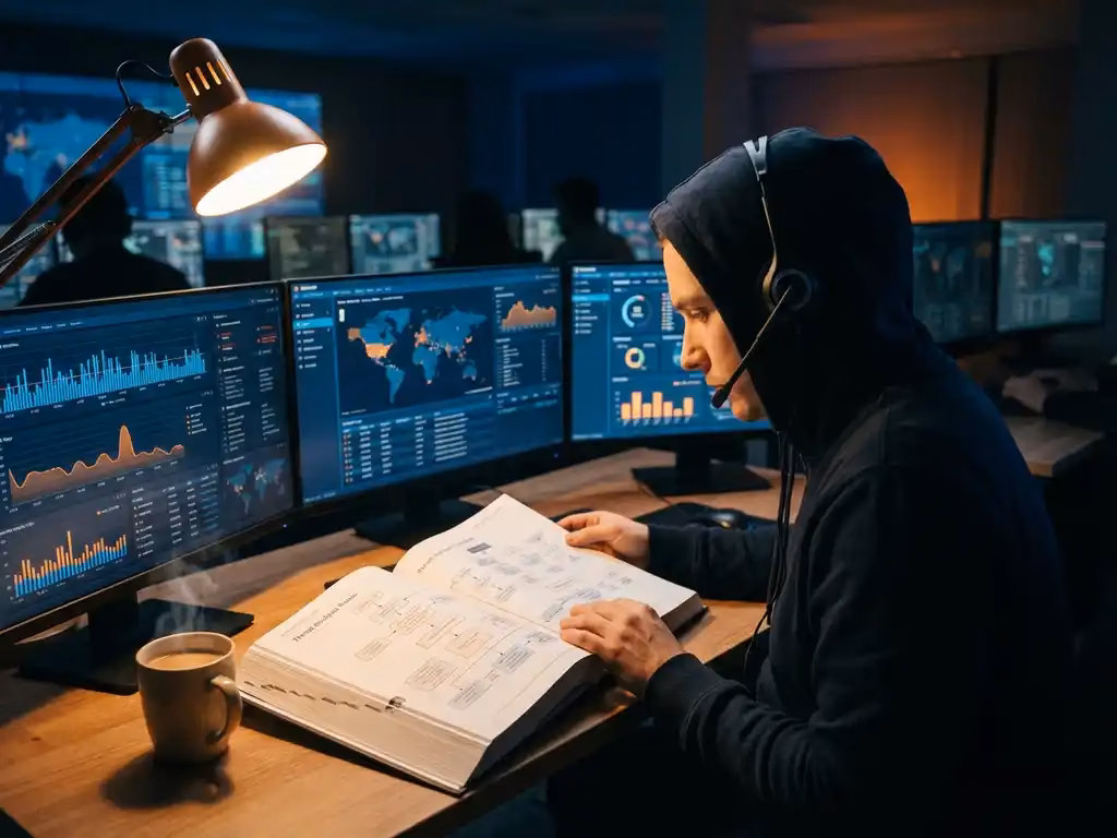 Cybersecurity-Analyst mit Headset studiert Bedrohungsanalyse-Handbuch an Arbeitsplatz mit mehreren Monitoren im SOC