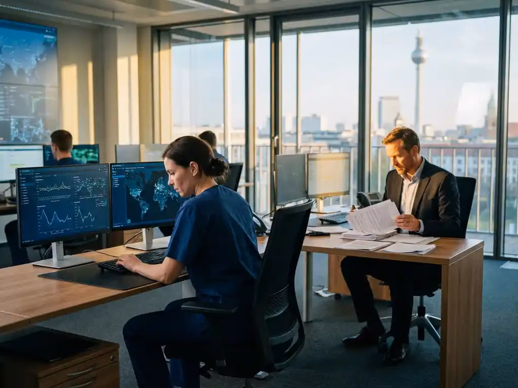 Cybersecurity-Analystin in Arbeitskleidung an Doppelmonitor-Arbeitsplatz mit Netzwerk-Sicherheits-Dashboards in modernem Berliner Sicherheitszentrum
