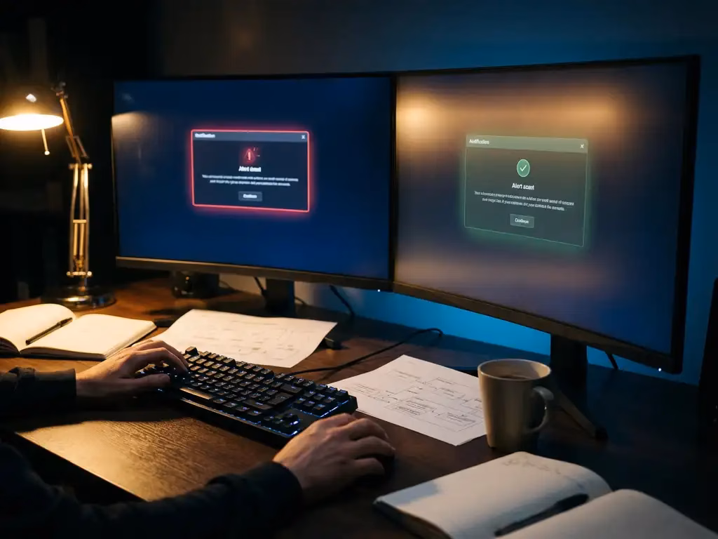 Cybersecurity-Analyst an Arbeitsplatz mit zwei Monitoren zeigt Sicherheitswarnungen, Hände über Tastatur, warme Schreibtischbeleuchtung