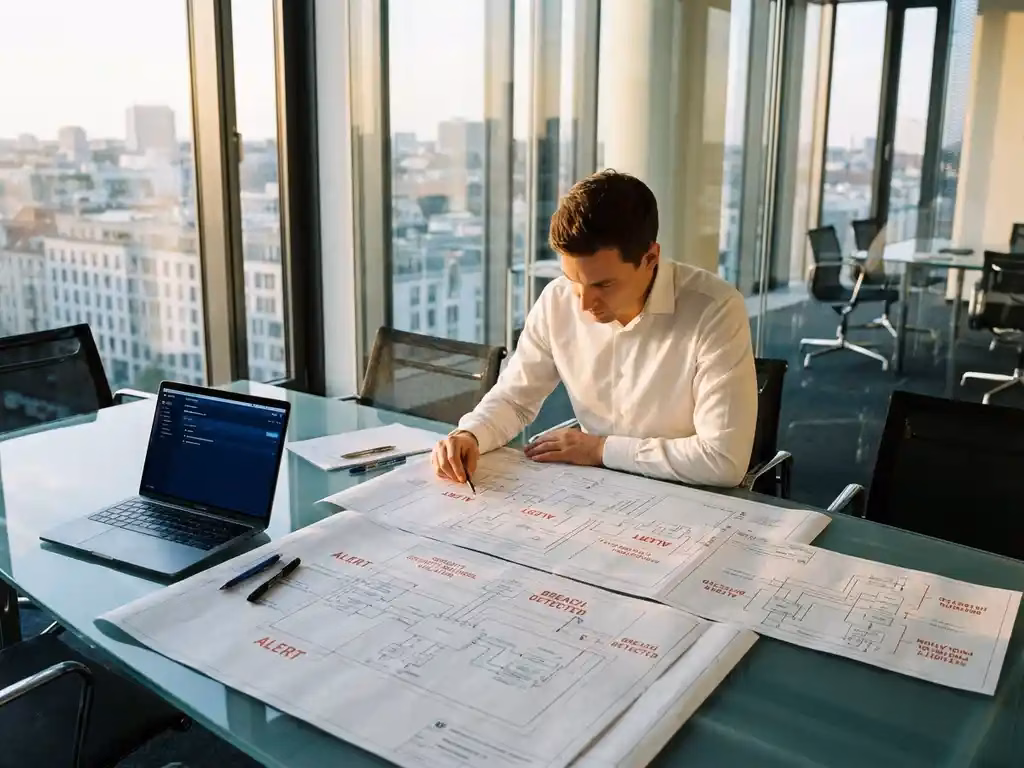 Cybersecurity-Experte analysiert Infrastruktur-Diagramme mit roten Warnhinweisen am Glastisch in modernem Berliner Büro