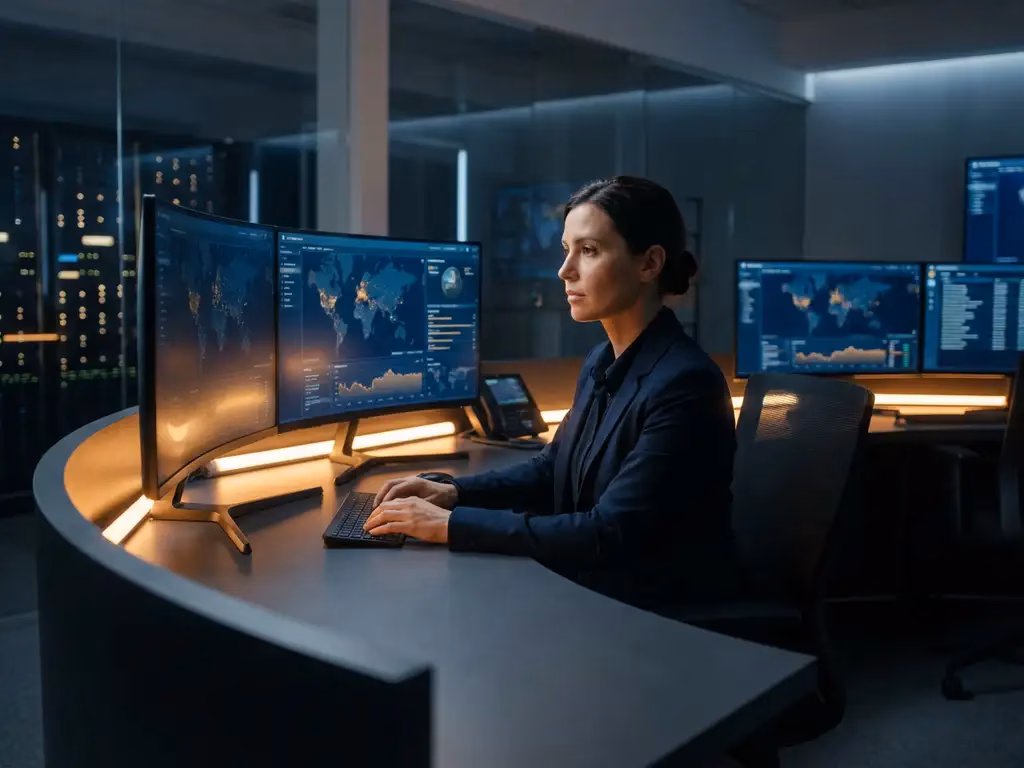 Sicherheitsanalyst arbeitet an gekrümmten Monitoren mit Cybersecurity-Dashboards in modernem SOC mit LED-Beleuchtung