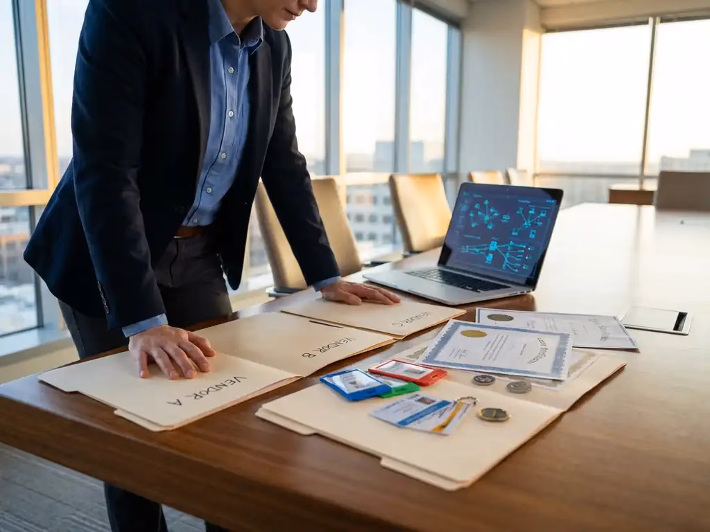 Cybersecurity-Analyst prüft Anbietervorschläge mit Sicherheitszertifikaten am Konferenztisch, Laptop mit Netzwerkdiagrammen