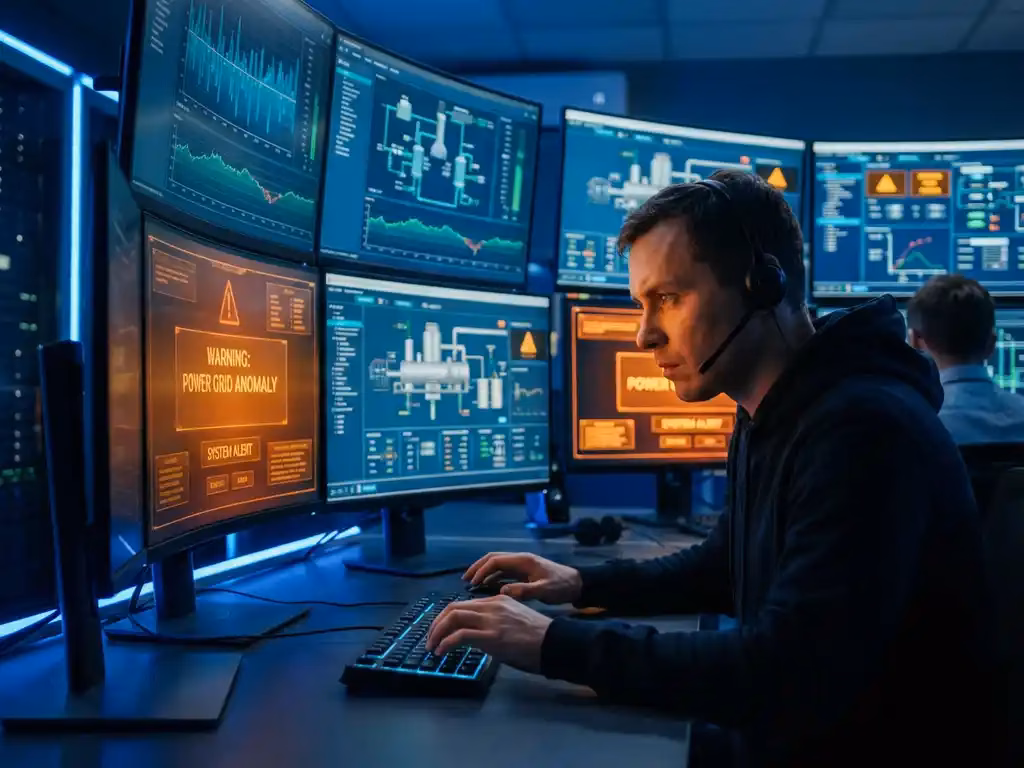 Cybersecurity-Analyst überwacht SCADA-Displays und Industriesteuerungen im Sicherheitszentrum, Warnleuchten blinken