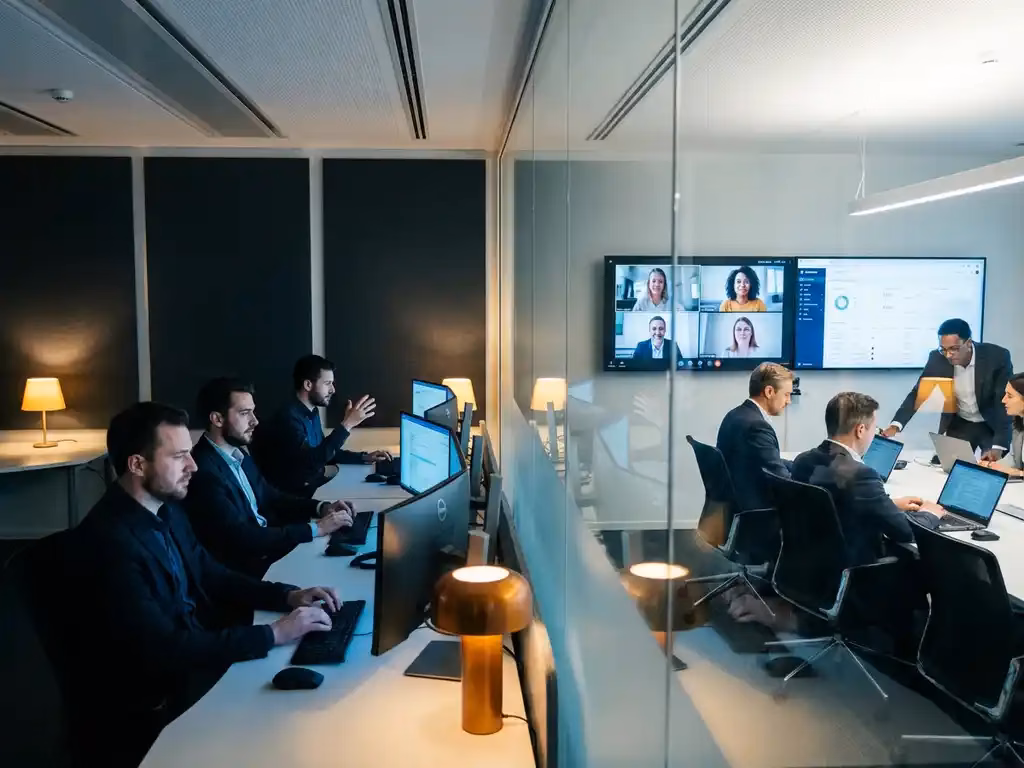 Modernes Büro mit Cybersicherheitsanalysten an Monitoren links und externen Sicherheitsexperten an Wandbildschirmen rechts, getrennt durch Glaswände
