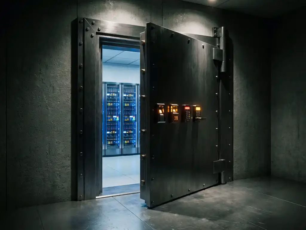 Massive Stahltür mit biometrischen Scannern steht offen und gibt Blick auf Serverracks mit blinkenden Lichtern frei