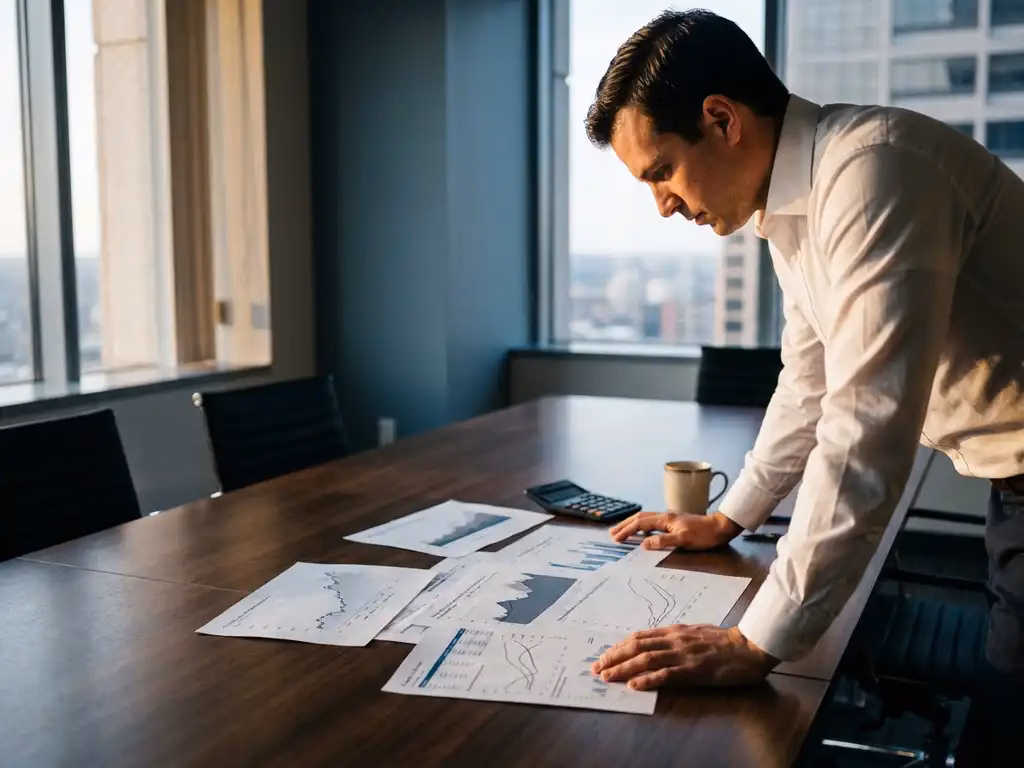 Analyst in weißem Hemd untersucht Finanzdiagramme mit Kostenkurven auf dunklem Holztisch, Taschenrechner und Kaffeetasse daneben
