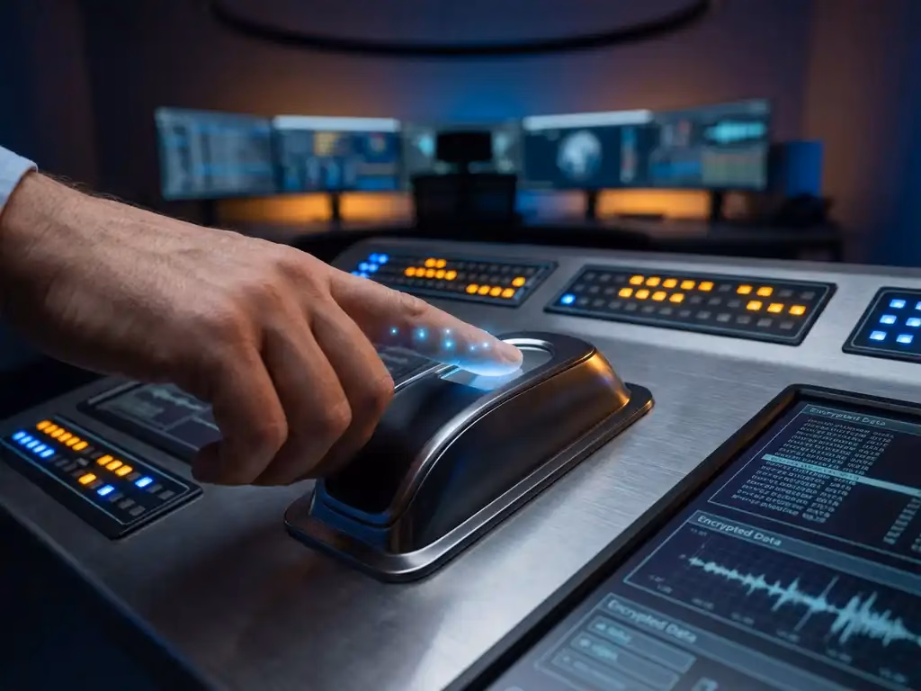 Hand über Fingerabdruckscanner mit leuchtenden blauen Authentifizierungspunkten in modernem SOC mit Überwachungsgeräten