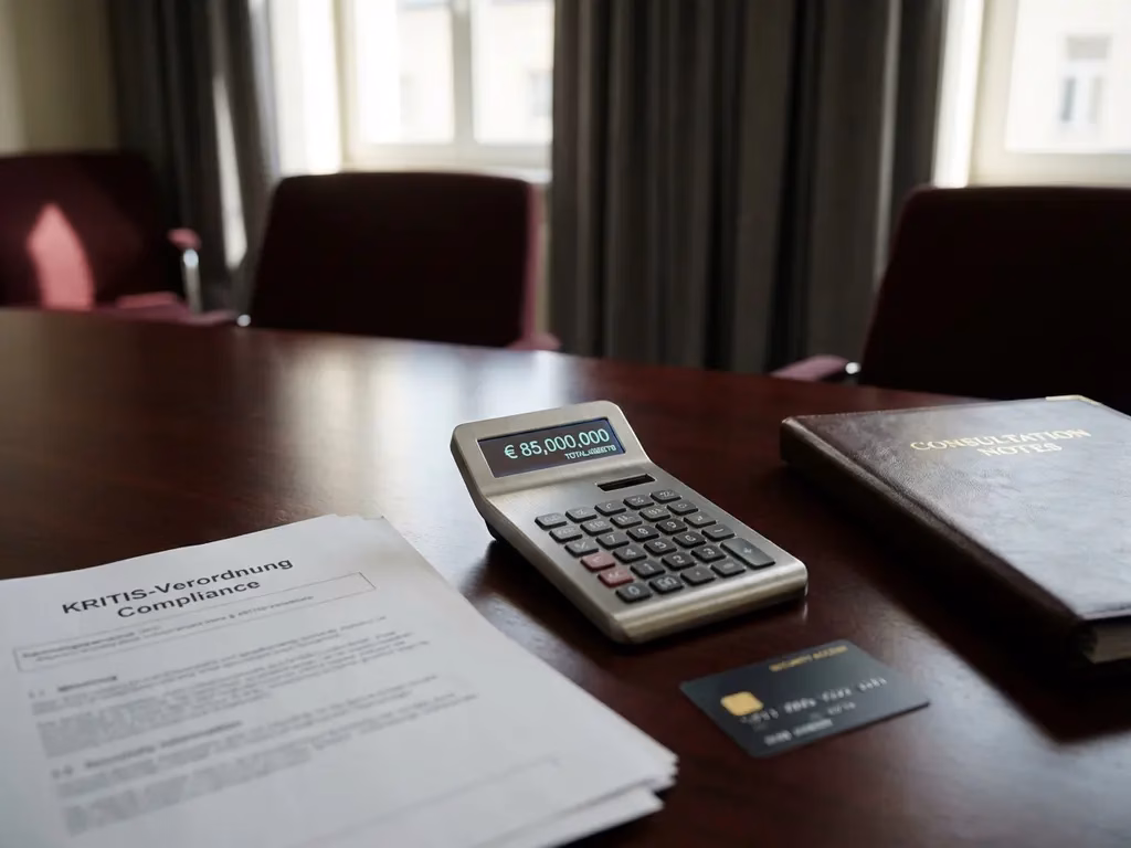 Taschenrechner mit Finanzzahlen auf Mahagoni-Konferenztisch neben KRITIS-Compliance-Dokumenten und Sicherheitsausweis