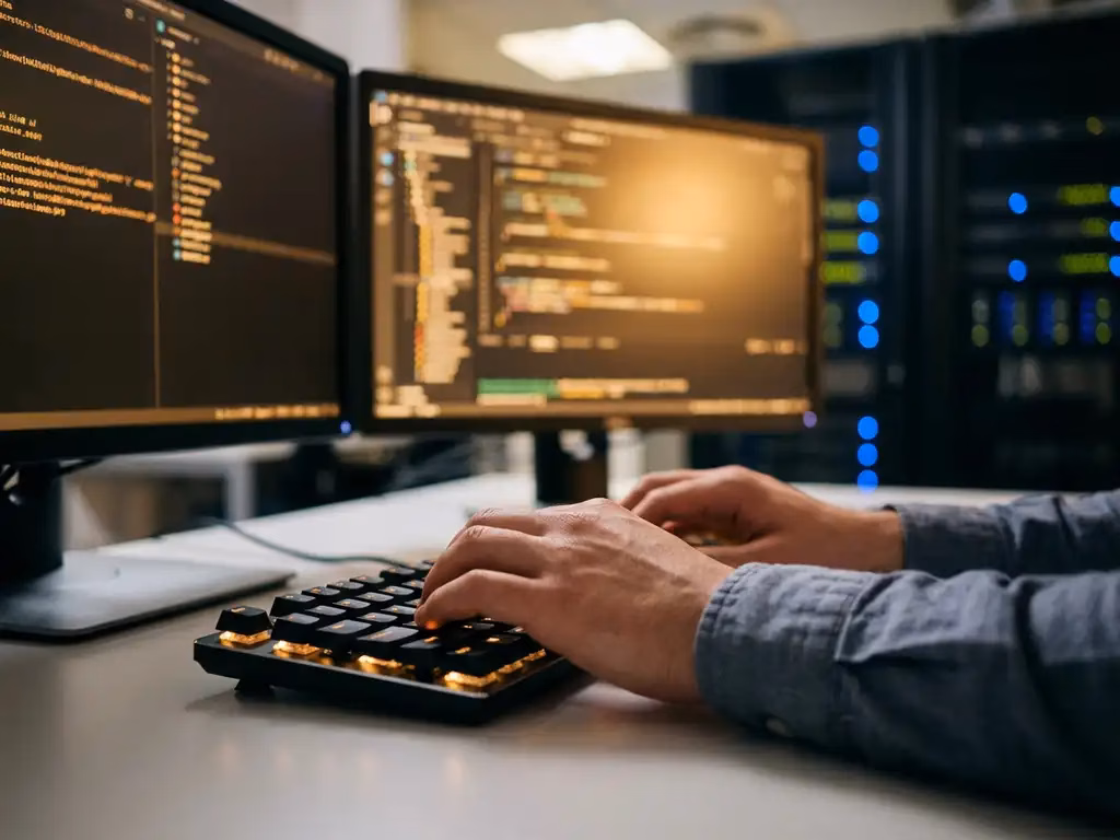 Netzwerkadministrator tippt auf schwarzer Tastatur vor Monitoren mit Benutzerverzeichnissen in modernem IT-Betriebszentrum