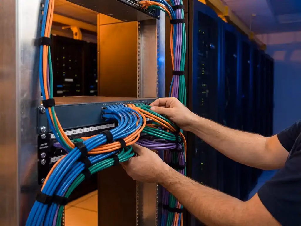Netzwerkadministrator organisiert farbkodierte Ethernet-Kabel in Bündeln auf Serverschrank im modernen Rechenzentrum