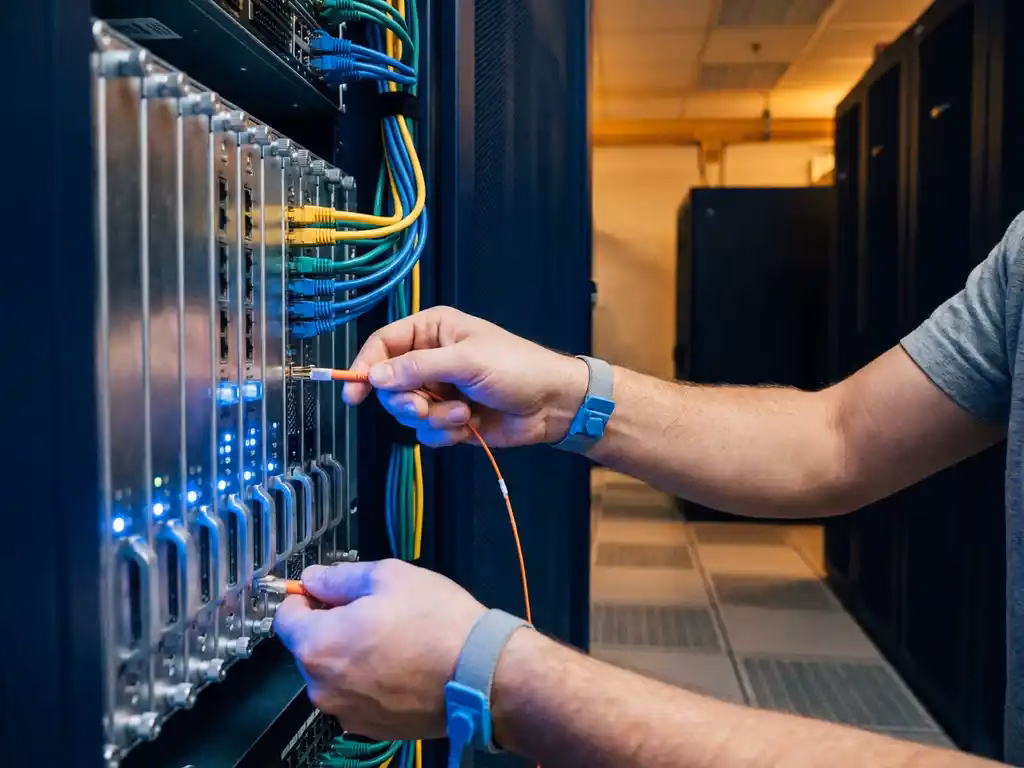Netzwerktechniker verbindet Glasfaserkabel in Serverrack mit organisierten Ethernet-Kabeln und blauen LED-Statuslichtern