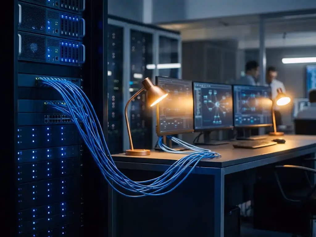 Netzwerk-Server-Rack mit leuchtenden blauen Ethernet-Kabeln verbunden mit Sicherheitszentrale-Arbeitsplatz, mehrere Monitore zeigen Netzwerktopologie