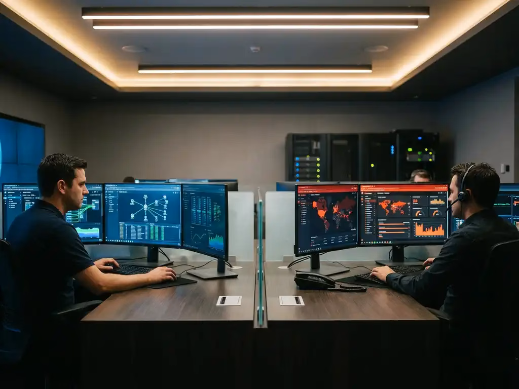 Zwei IT-Operatoren arbeiten an separaten Überwachungsstationen mit Netzwerkdiagrammen und Sicherheitswarnungen in modernem Kontrollzentrum