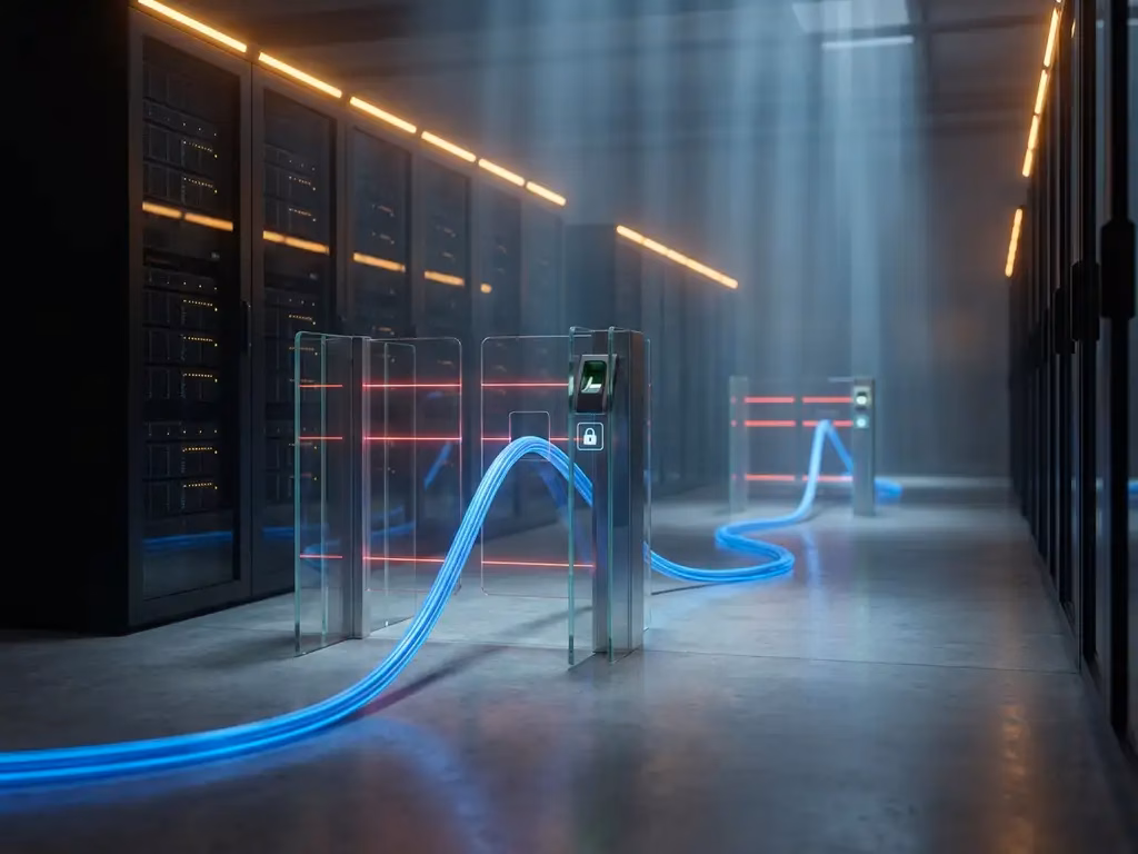 Moderner Serverraum mit schwarzen Netzwerkgeräten, blaues Ethernet-Kabel durch Sicherheits-Checkpoints mit Lasergittern