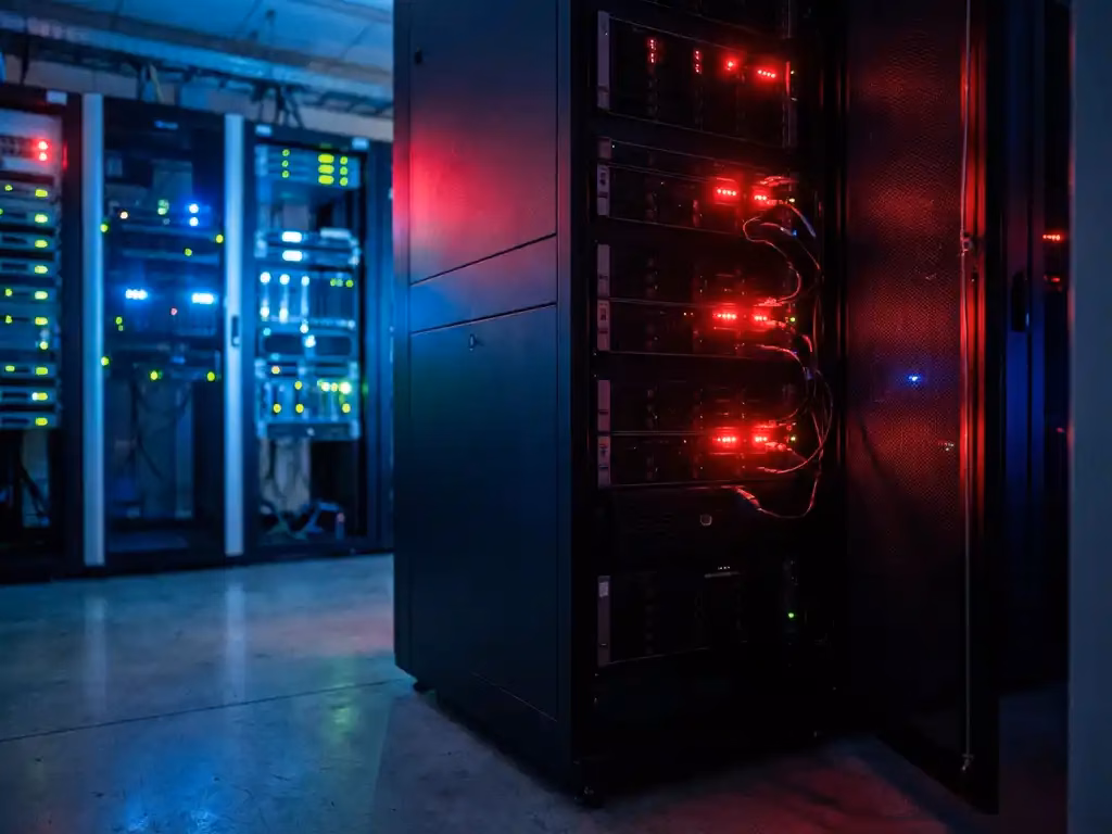 Serverraum mit dunklem Rack und blinkenden roten Fehlerlichtern, während andere Racks normal mit blauen und grünen Lichtern leuchten