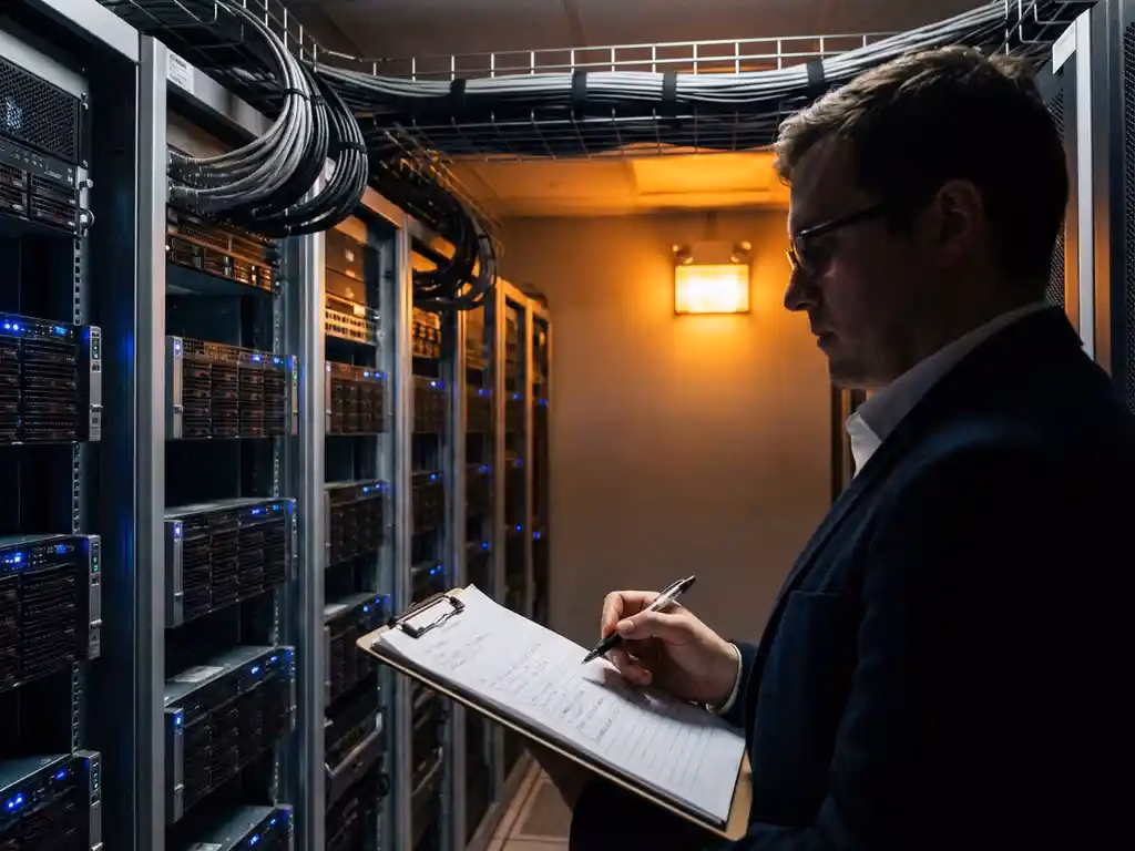Techniker überprüft Compliance-Dokumentation in Serverraum mit Backup-Servern und organisierten Ethernet-Kabeln
