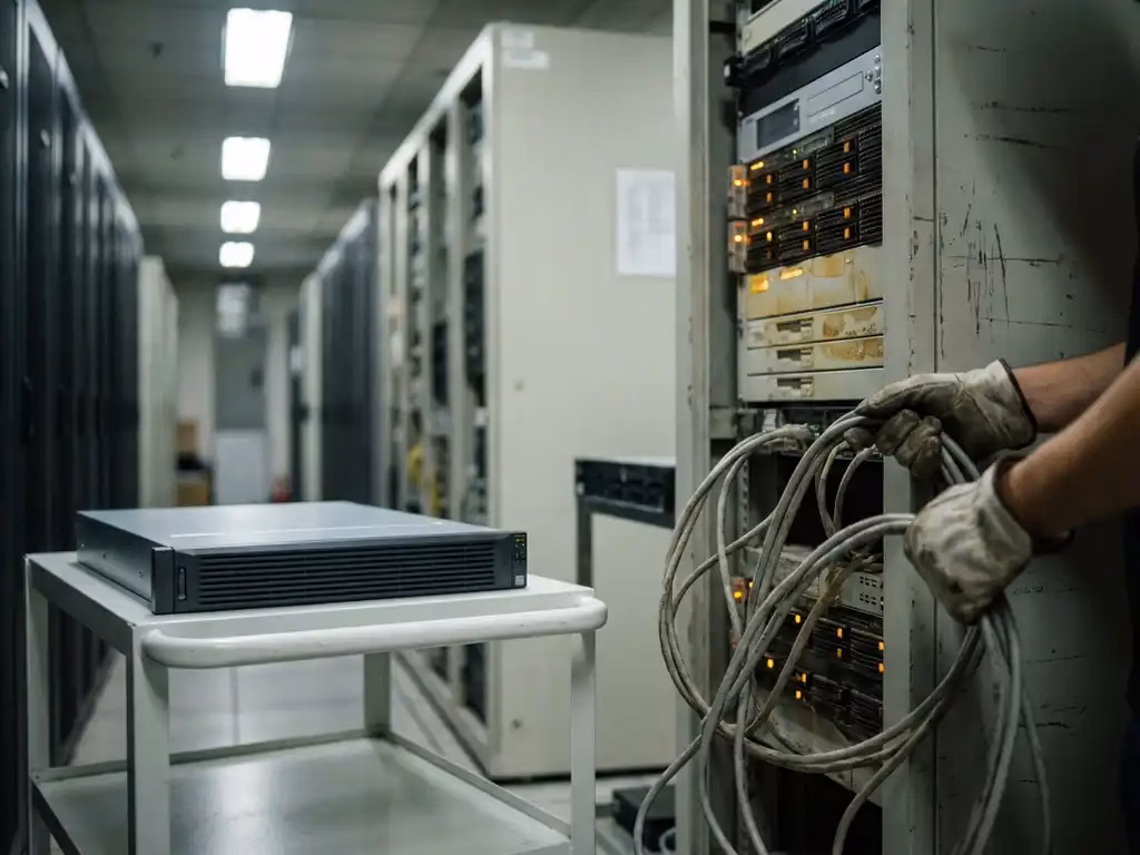 Behandschuhte Hände trennen Kabel von verstaubter Legacy-Hardware im Server-Rack, während moderne Server-Einheit auf weißem Wagen wartet