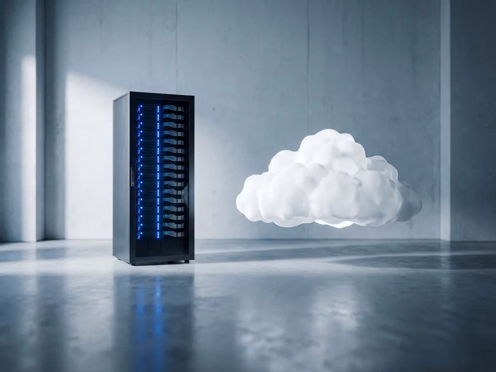Moderner Serverrack mit blauen LED-Anzeigen neben weißer Wolkenformation auf poliertem Betonboden im Rechenzentrum