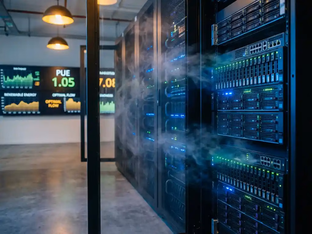 Moderner Serverraum mit LED-beleuchteten Prozessoren in blau-grün, sichtbaren Kühlsystemen und Energieeffizienz-Displays