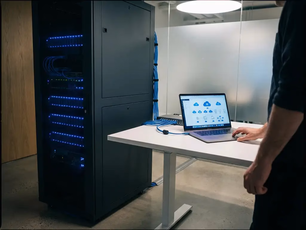 Moderner Serverrack mit blauen LED-Anzeigen neben weißem Schreibtisch mit Laptop und Cloud-Konnektivitätssymbolen