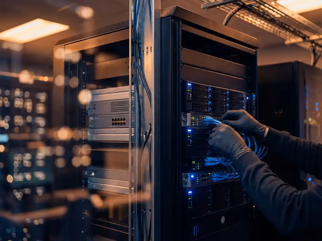 Cybersecurity-Spezialist verbindet schwarzen Server-Rack mit blauen LED-Anzeigen über Ethernet-Kabel in modernem Rechenzentrum